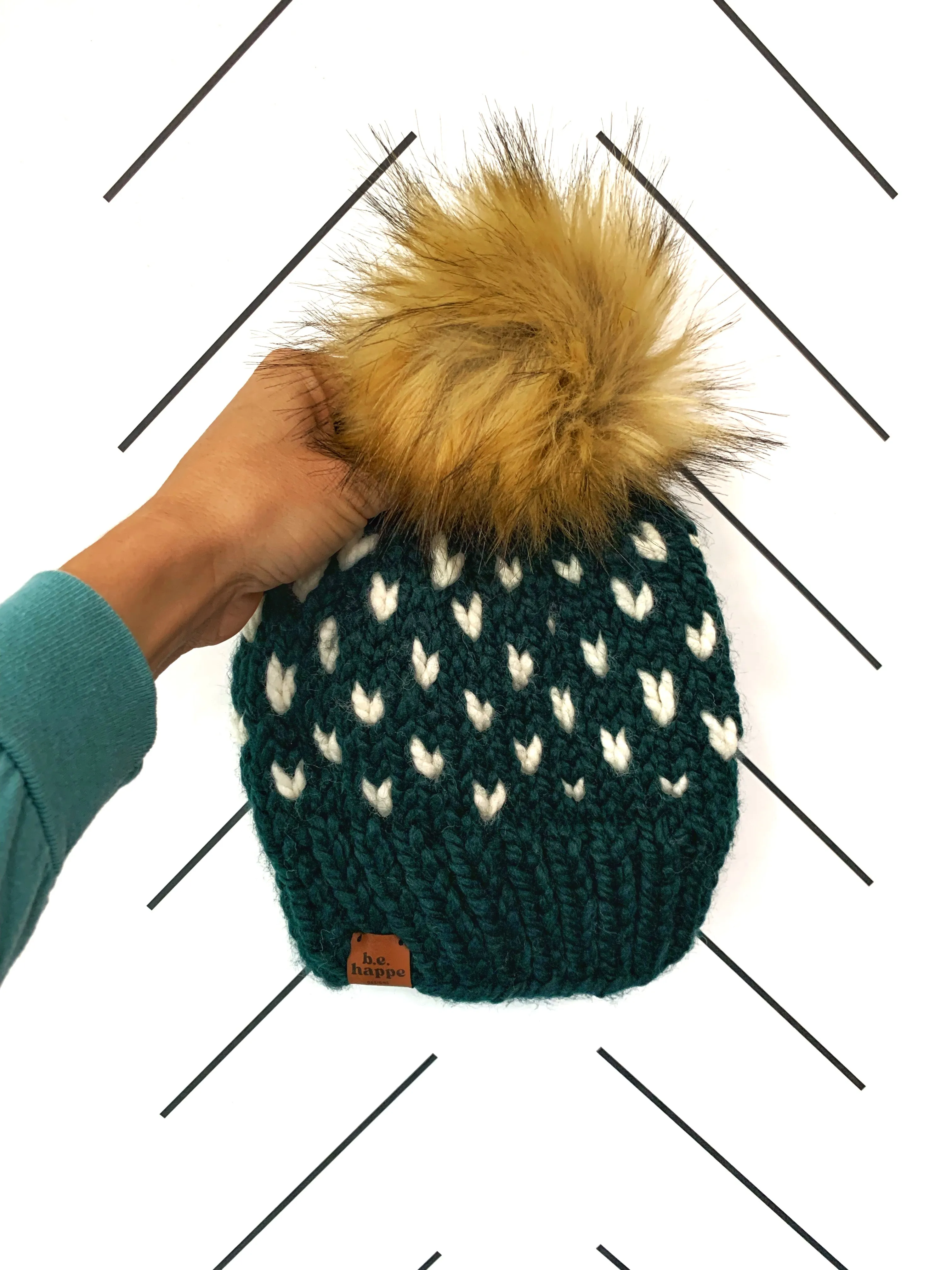 0-3 month Hearts Knit Pom Hat | Dark Green   Off White