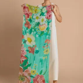 100% Linen Impressionist Floral in Teal Scarf