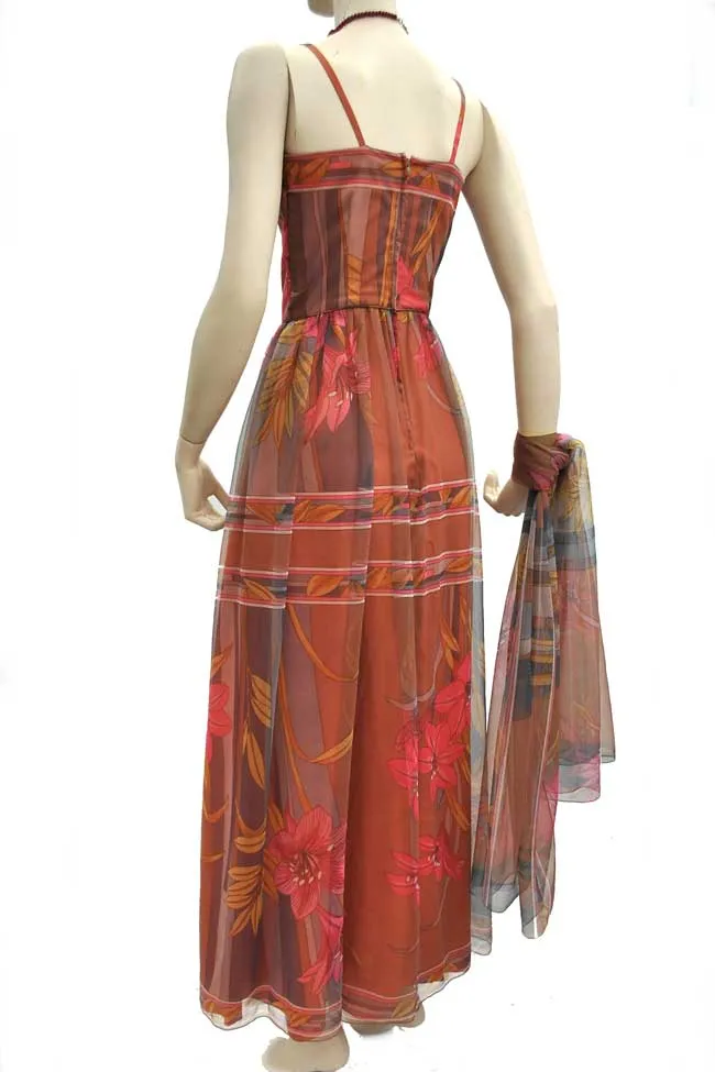 1960s Vintage Marian Russell Chiffon Evening Gown • XS • Psychedelic • Maxi Dress