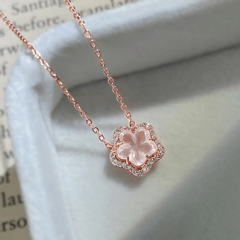 1Pc Sweet Zircon Peach Blossom Flower Elegant Style Copper Golden Pendant Necklace Womens Daily Party Birthday Gift