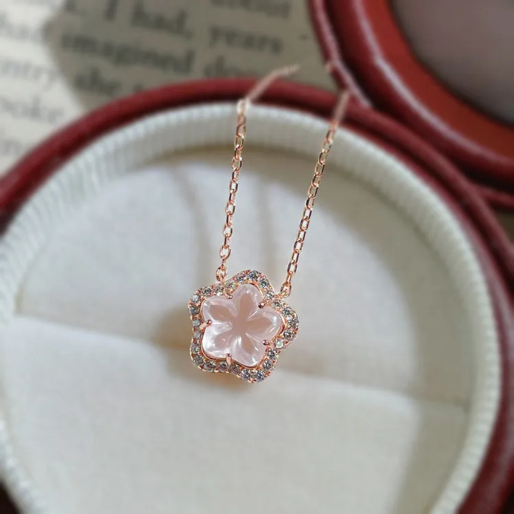 1Pc Sweet Zircon Peach Blossom Flower Elegant Style Copper Golden Pendant Necklace Womens Daily Party Birthday Gift