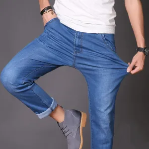 2023 Summer Classic Men Thin Denim Jeans Lightweight Cotton Elastic Medium high waist Fit Straight Youth Simple Casual Trousers