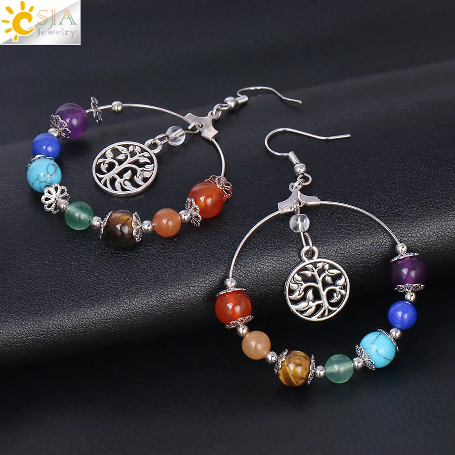 7 Chakra Tree of Life Women Drop Earrings Natural Round Gem Stone