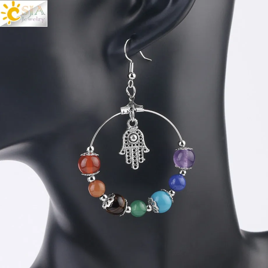 7 Chakra Tree of Life Women Drop Earrings Natural Round Gem Stone