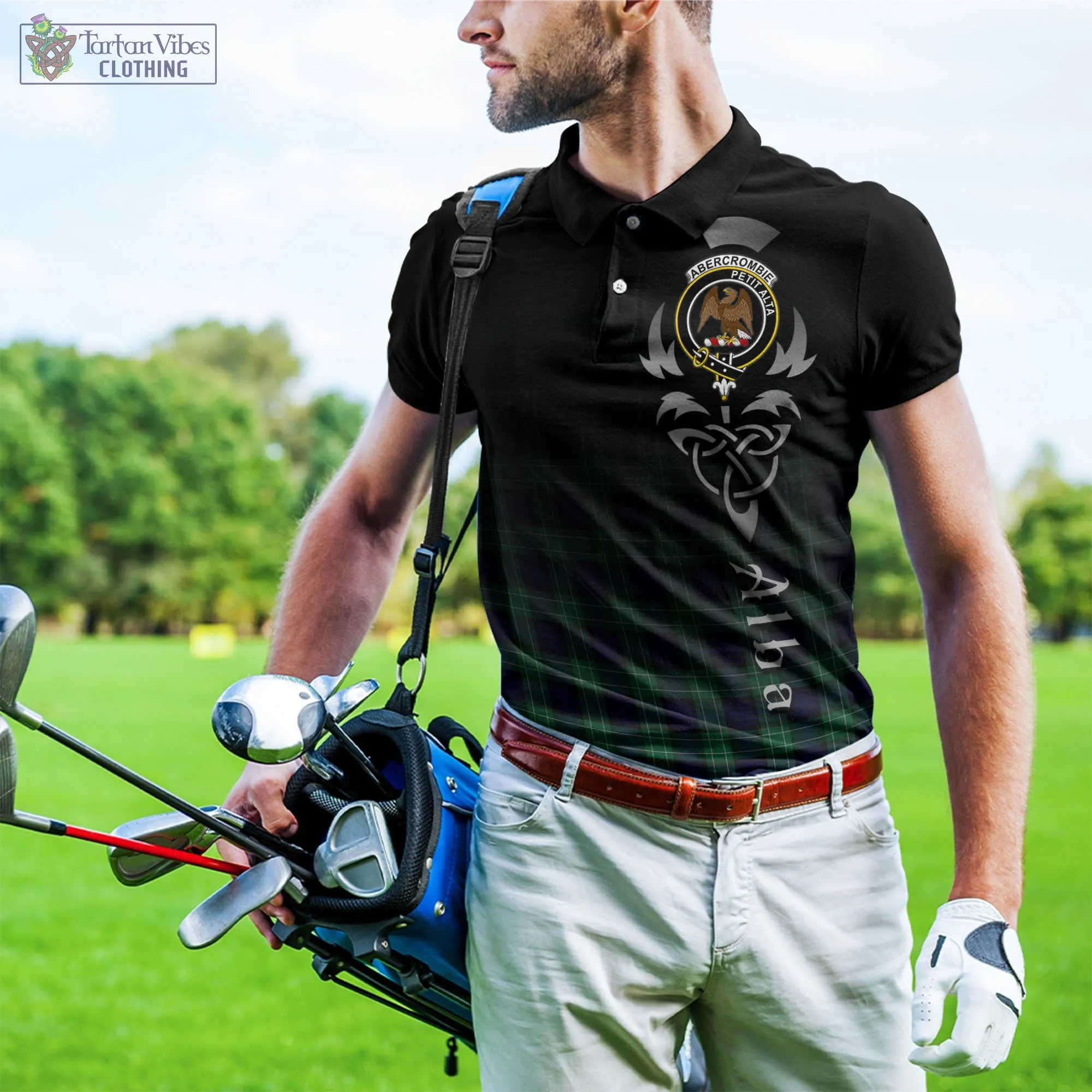 Abercrombie Tartan Polo Shirt Featuring Alba Gu Brath Family Crest Celtic Inspired