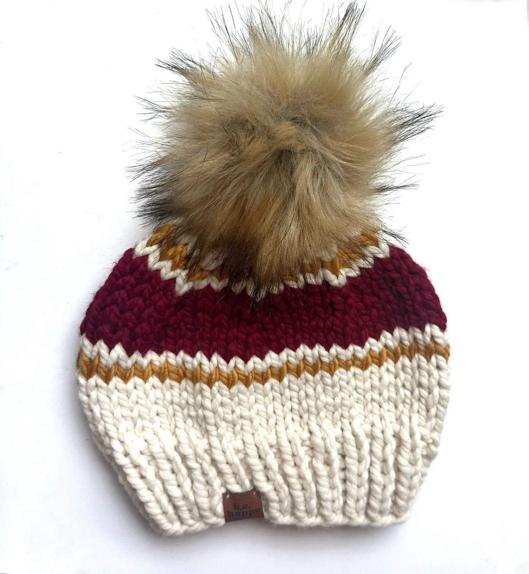 Adult Stripe Knit Pom Hat | Off White   Red   Mustard Yellow