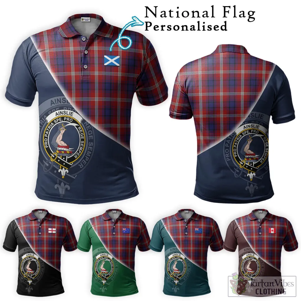 Ainslie Tartan Polo Shirt with Personalised National Flag and Family Crest Half Style