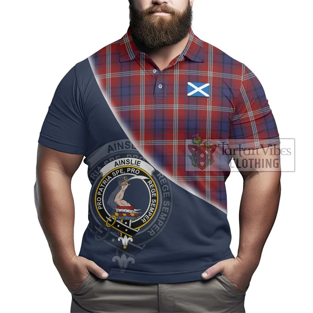 Ainslie Tartan Polo Shirt with Personalised National Flag and Family Crest Half Style