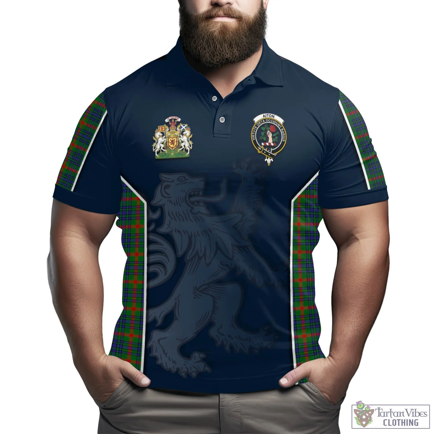 Aiton Tartan Men's Polo Shirt with Family Crest and Lion Rampant Vibes Sport Style