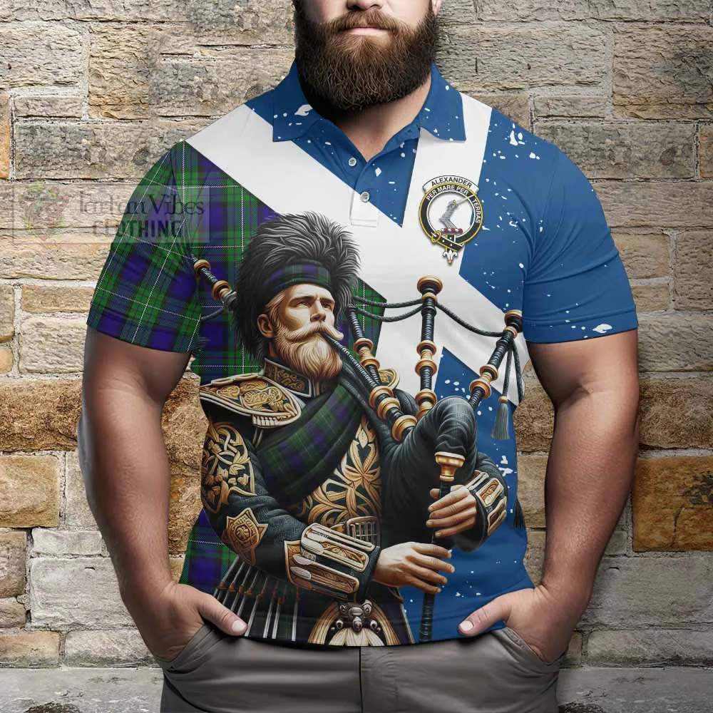 Alexander Tartan Polo Shirt with Family Crest Scottish Bagpiper Vibes