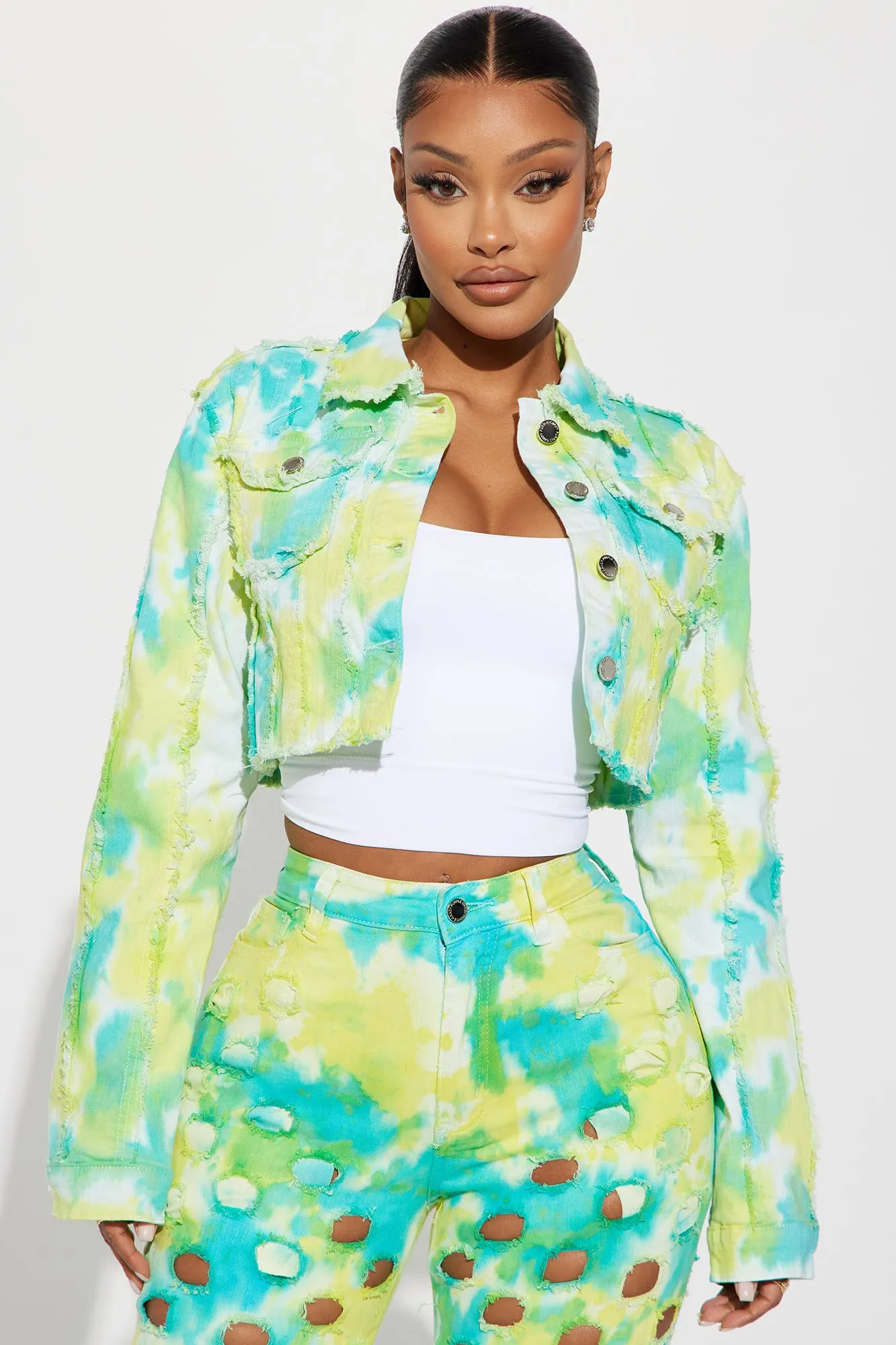 All An Illusion Tie Dye Cropped Denim Jacket - Green/combo