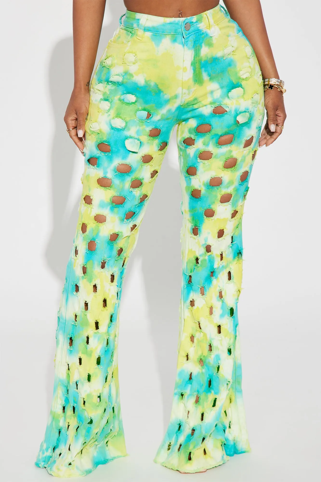 All An Illusion Tie Dye Ripped Flare Jeans - Green/combo