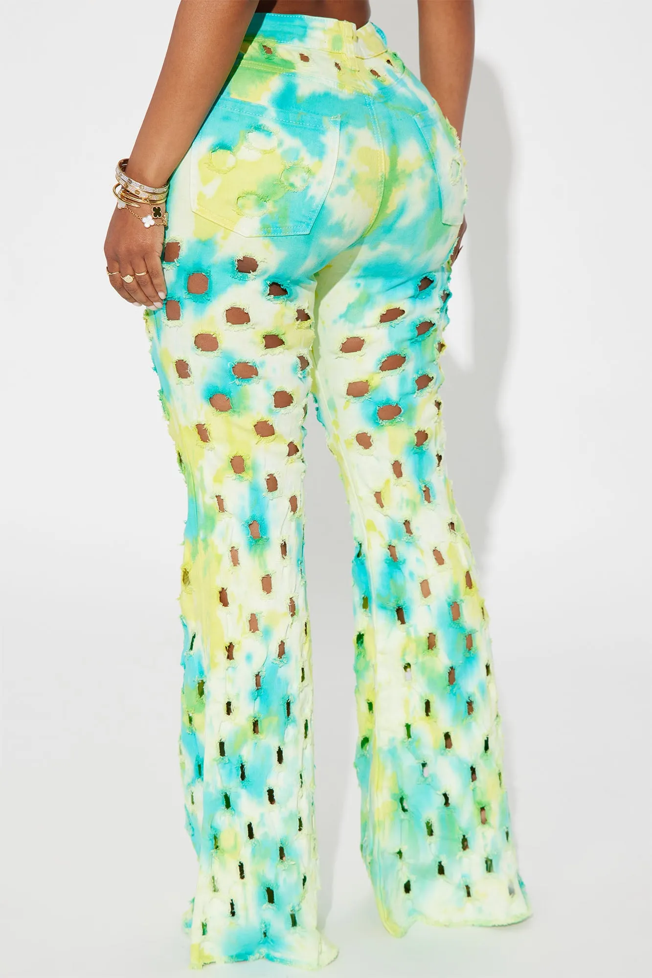 All An Illusion Tie Dye Ripped Flare Jeans - Green/combo