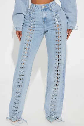 Amplified Lace Up Straight Leg Jeans - Light Wash