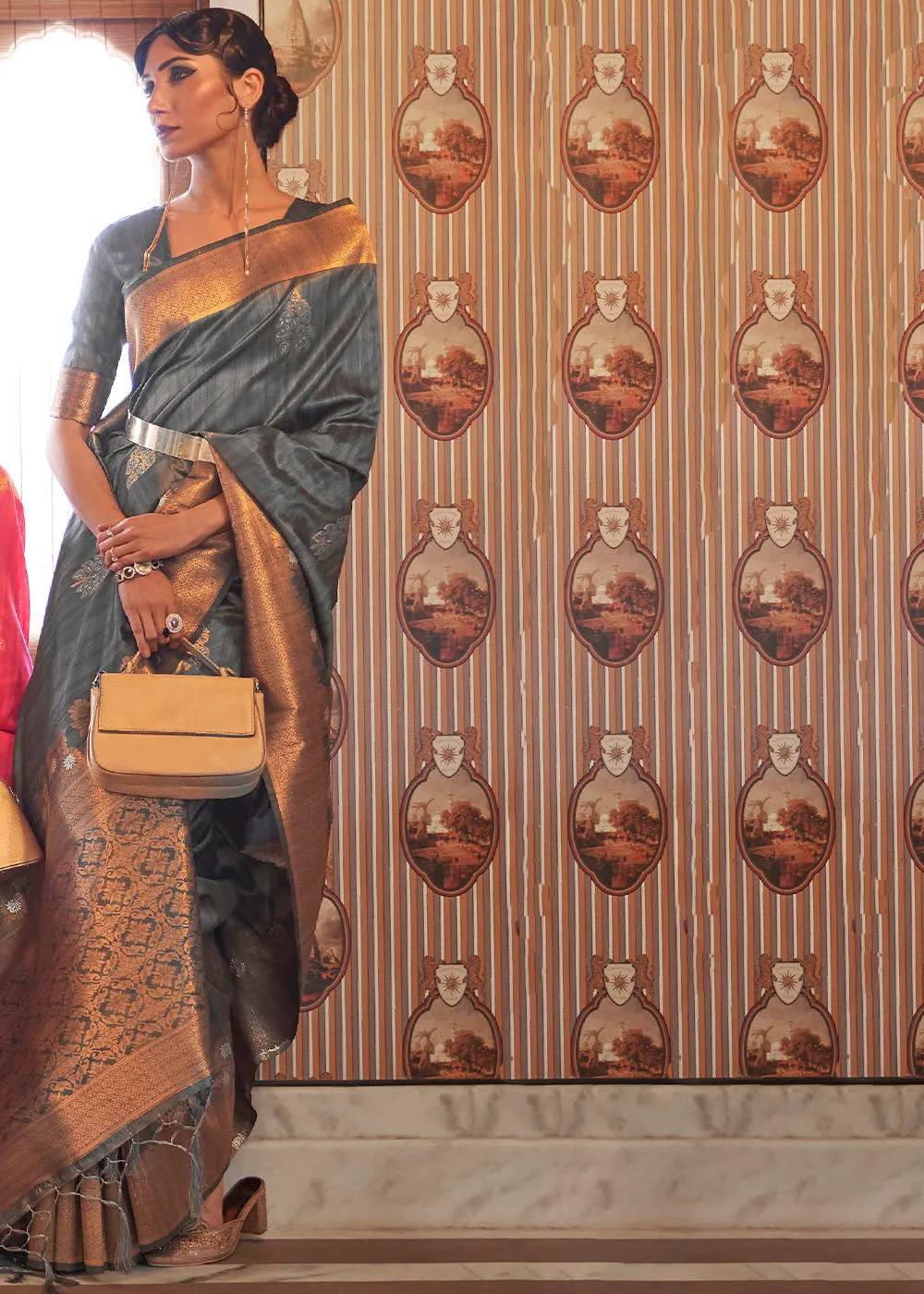 Anchor Grey Copper Zari Woven Tussar Silk Saree