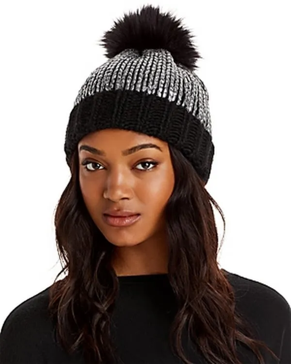 Aqua Pom Pom Knit Hat Black, One Size