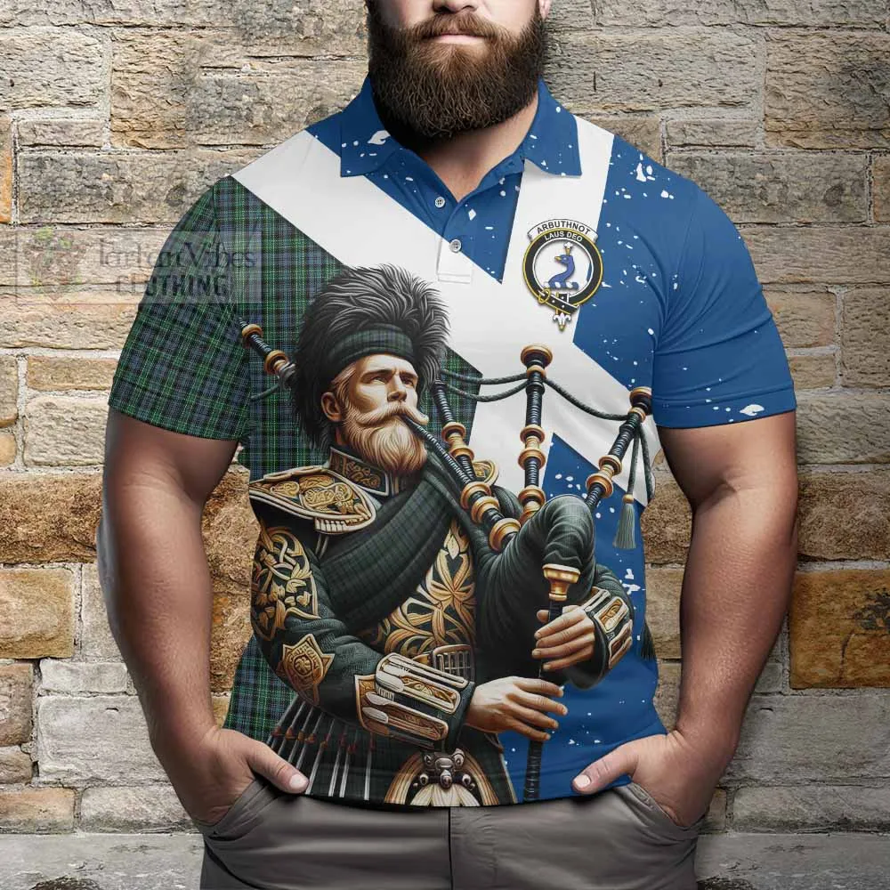 Arbuthnot Tartan Polo Shirt with Family Crest Scottish Bagpiper Vibes