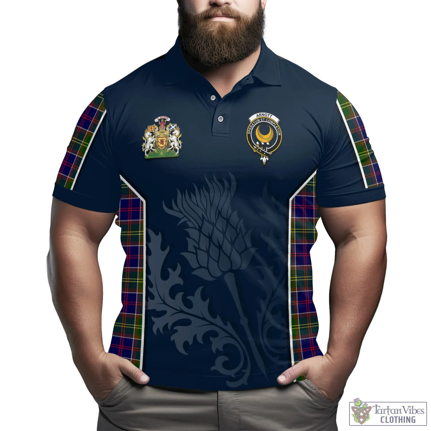 Arnott Tartan Men's Polo Shirt with Family Crest and Scottish Thistle Vibes Sport Style