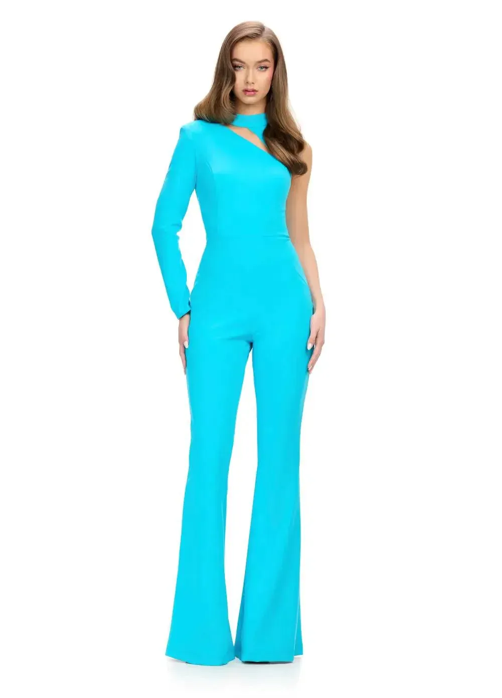 Ashley Lauren 11764 One Sleeve High Neckline Scuba Jumpsuit Cutout Neckline