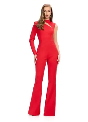 Ashley Lauren 11764 One Sleeve High Neckline Scuba Jumpsuit Cutout Neckline