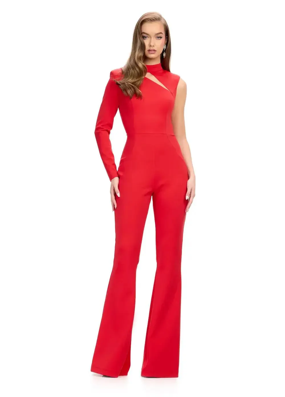 Ashley Lauren 11764 One Sleeve High Neckline Scuba Jumpsuit Cutout Neckline