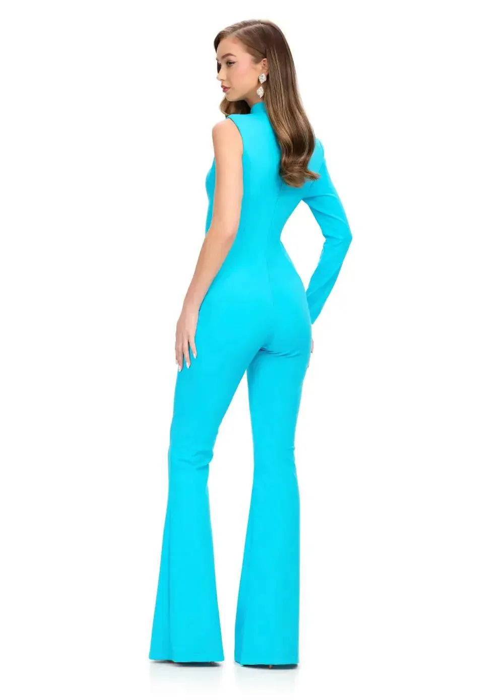 Ashley Lauren 11764 One Sleeve High Neckline Scuba Jumpsuit Cutout Neckline