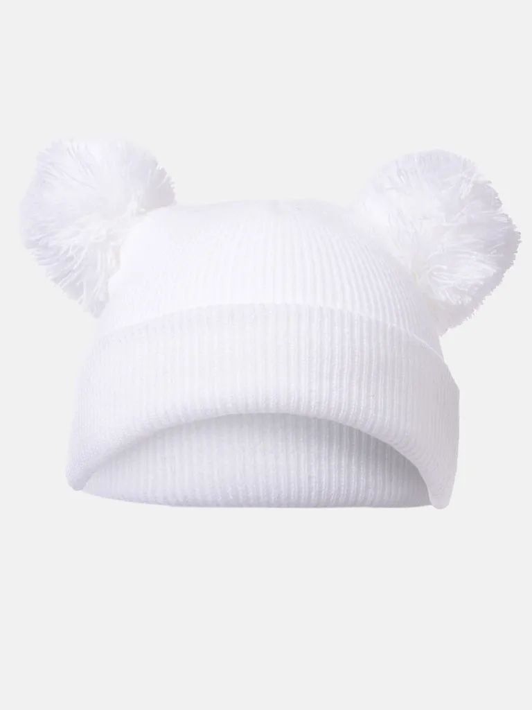 Baby Girl Double Pom Pom Hat - White