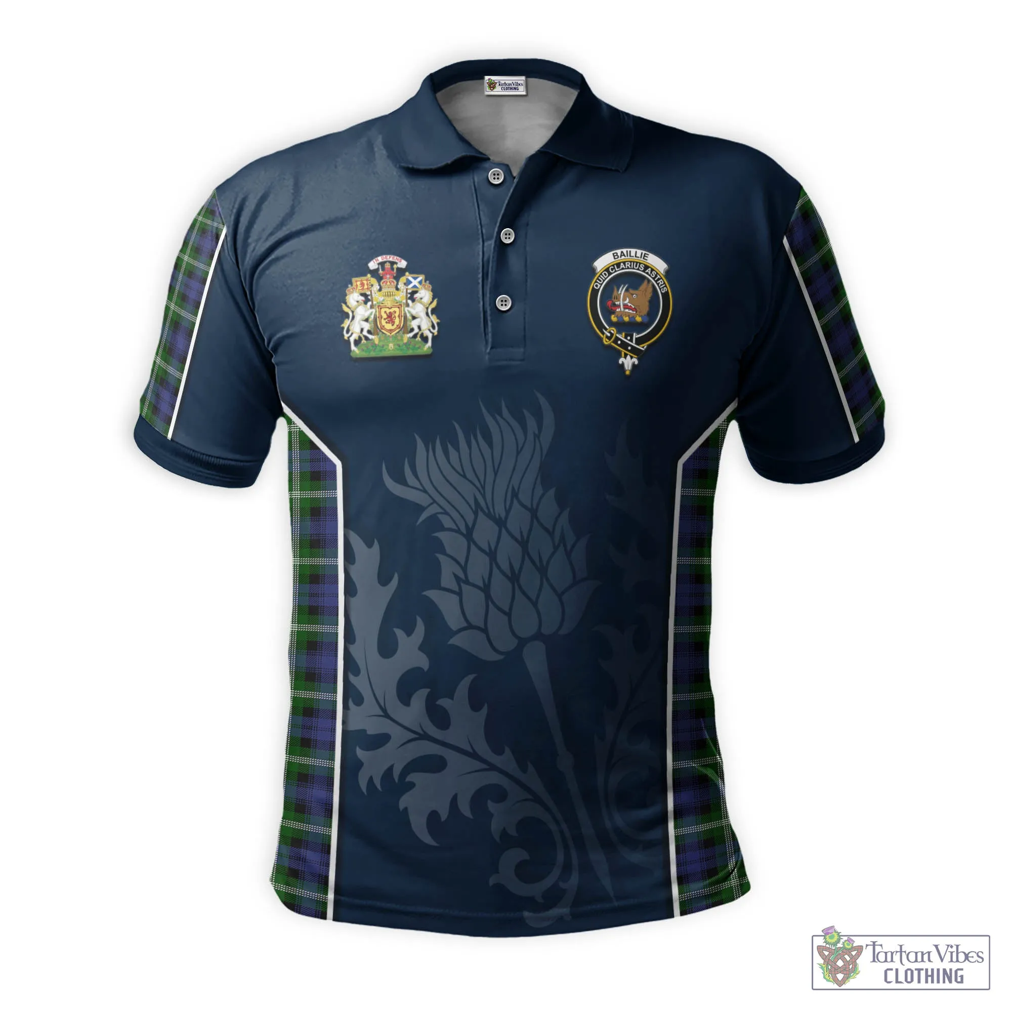 Baillie of Polkemmet Tartan Men's Polo Shirt with Family Crest and Scottish Thistle Vibes Sport Style