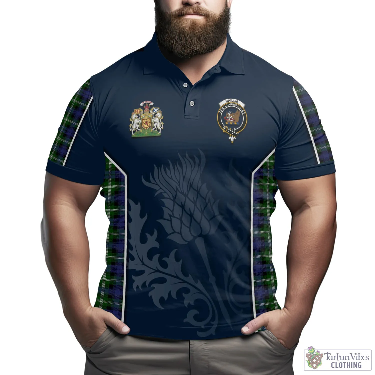 Baillie of Polkemmet Tartan Men's Polo Shirt with Family Crest and Scottish Thistle Vibes Sport Style