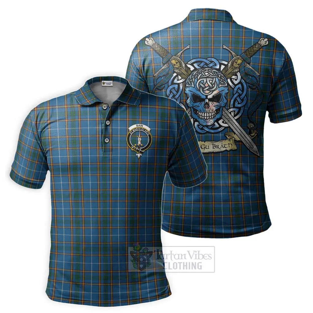 Bain Tartan Polo Shirt with Family Crest Celtic Skull Style