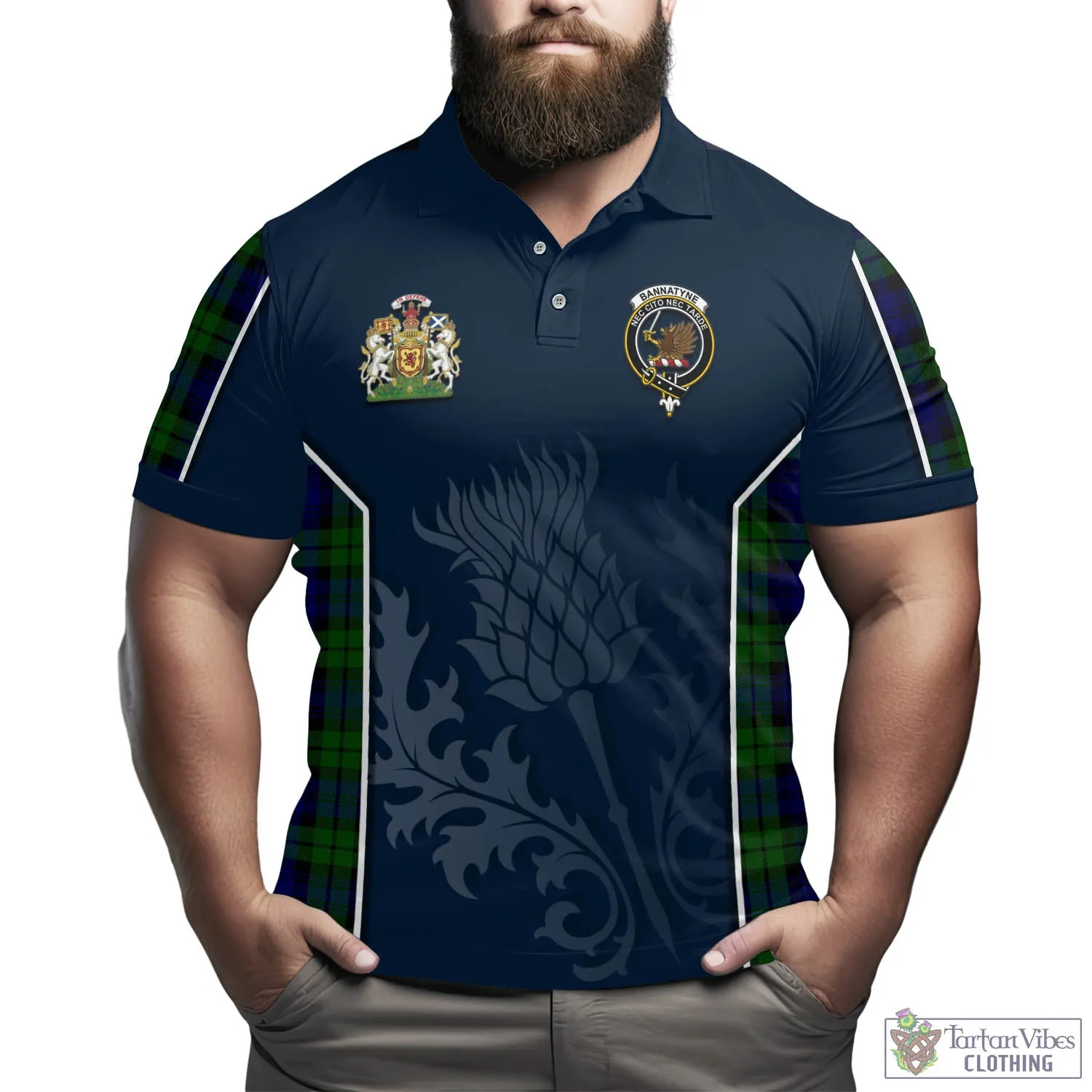 Bannatyne Tartan Men's Polo Shirt with Family Crest and Scottish Thistle Vibes Sport Style