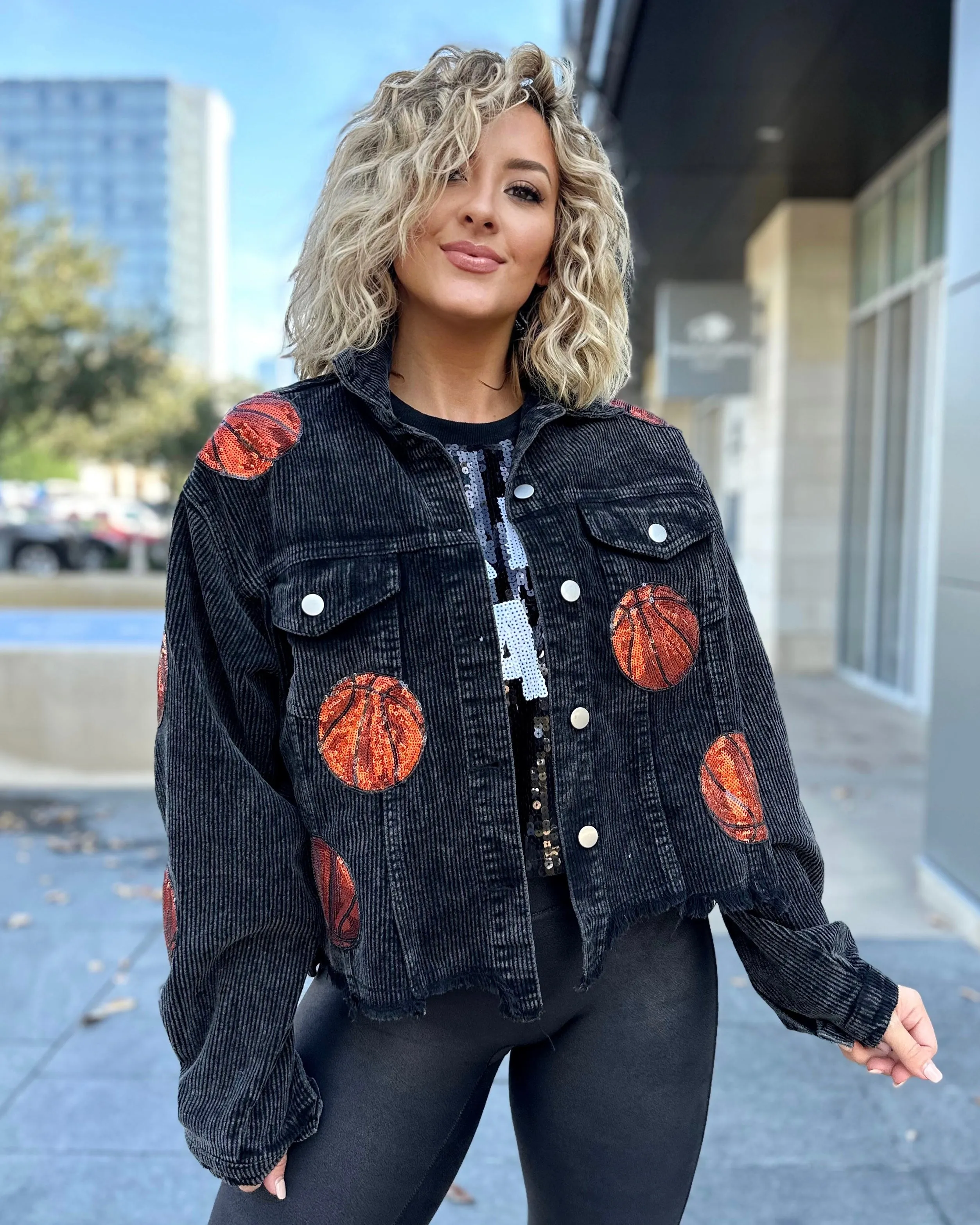 Basketball Black Corduroy Sequin Cropped Jacket