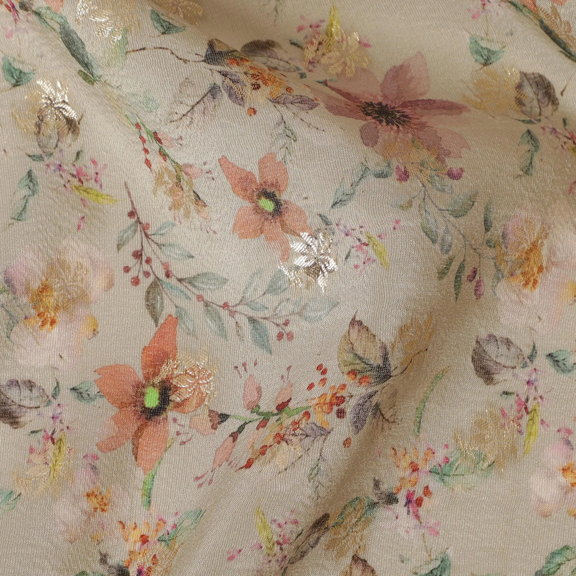 Beige & Peach Floral Viscose Digital Printed Fabric - Soft & Lightweight, 110 cm Width-D20263