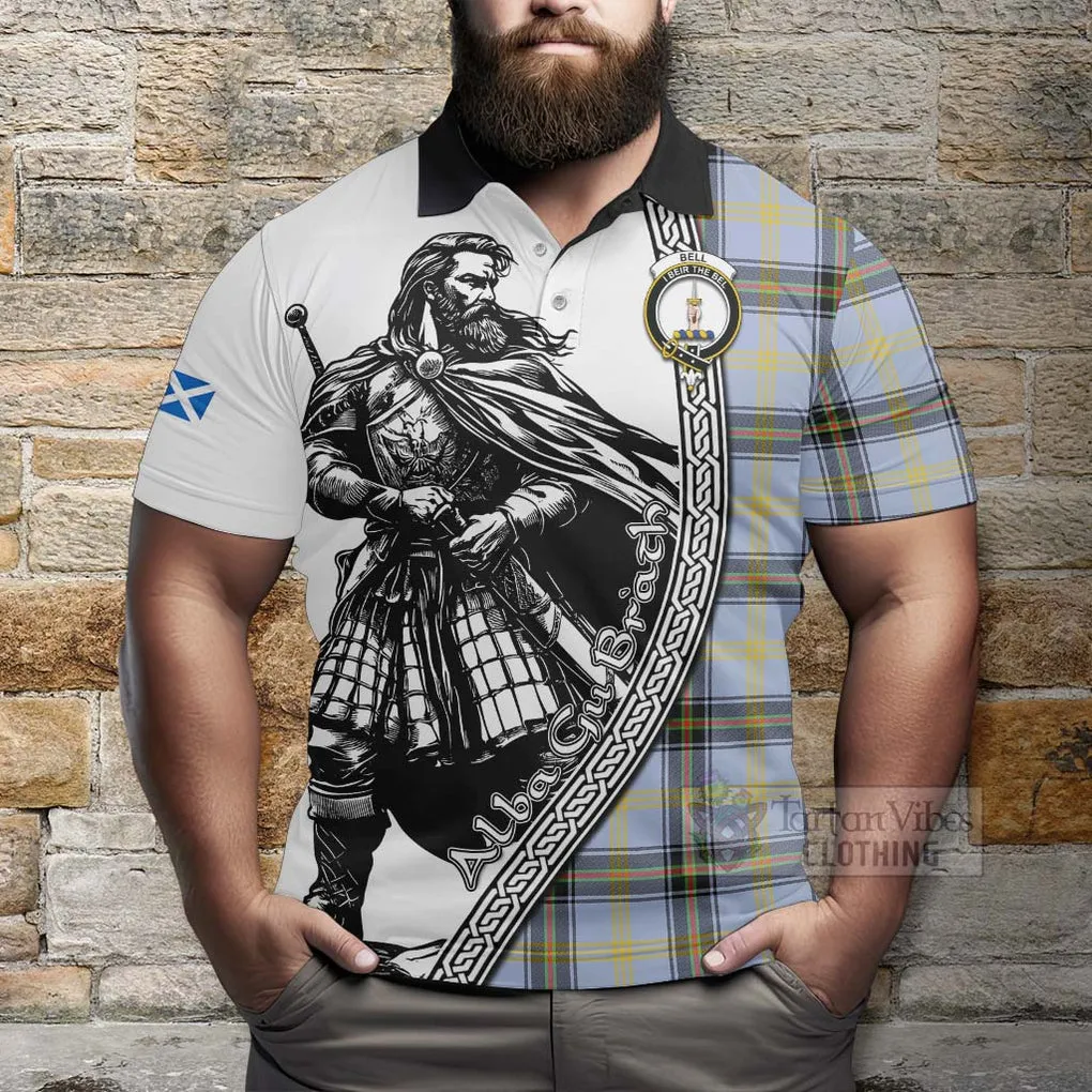 Bell Tartan Clan Crest Polo Shirt with Highlander Warrior Celtic Style