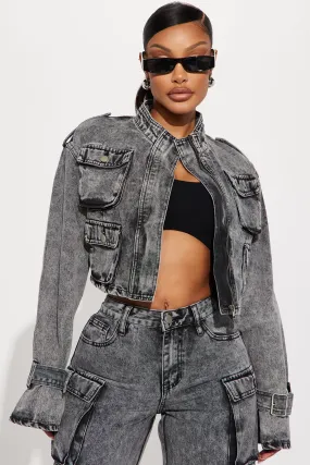 Billie Cropped Cargo Jacket - Acid Wash Black