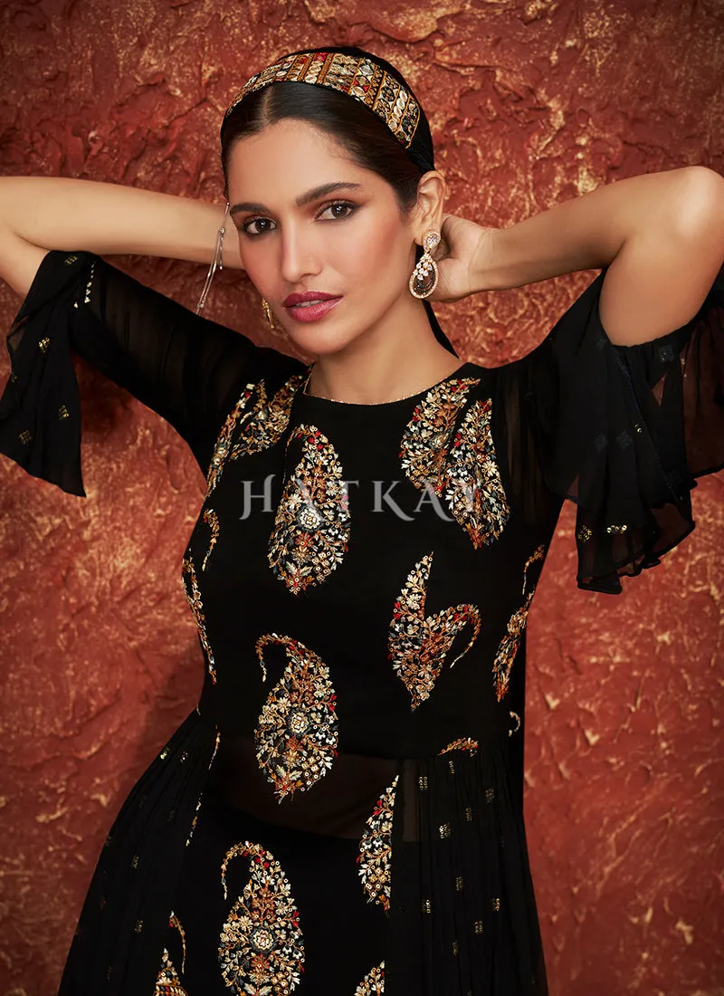 Black Multi Embroidered Jacket Style Sharara Suit