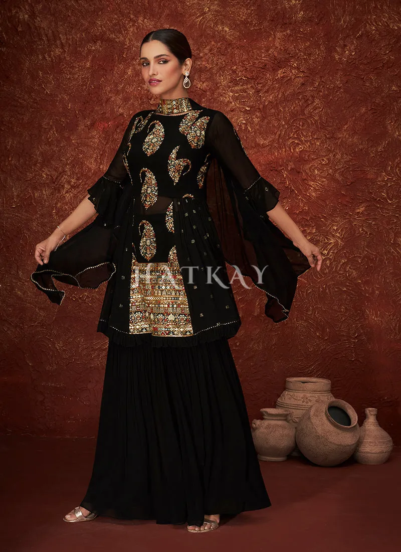 Black Multi Embroidered Jacket Style Sharara Suit