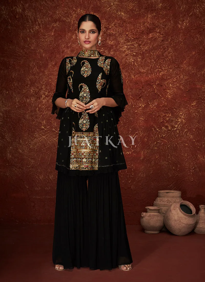 Black Multi Embroidered Jacket Style Sharara Suit