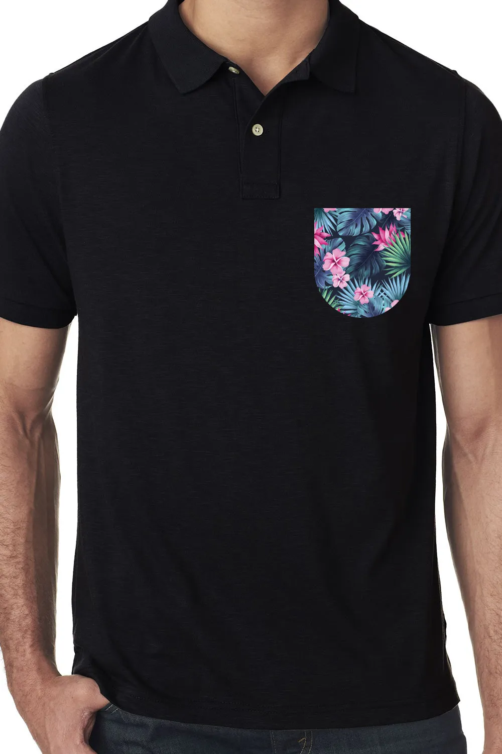 Black Premium Polo T-Shirt with Tropical Savannah Graphics on Pocket Printed