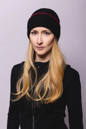 Black Reversible Slouchy Cashmere Hat with Red Rim