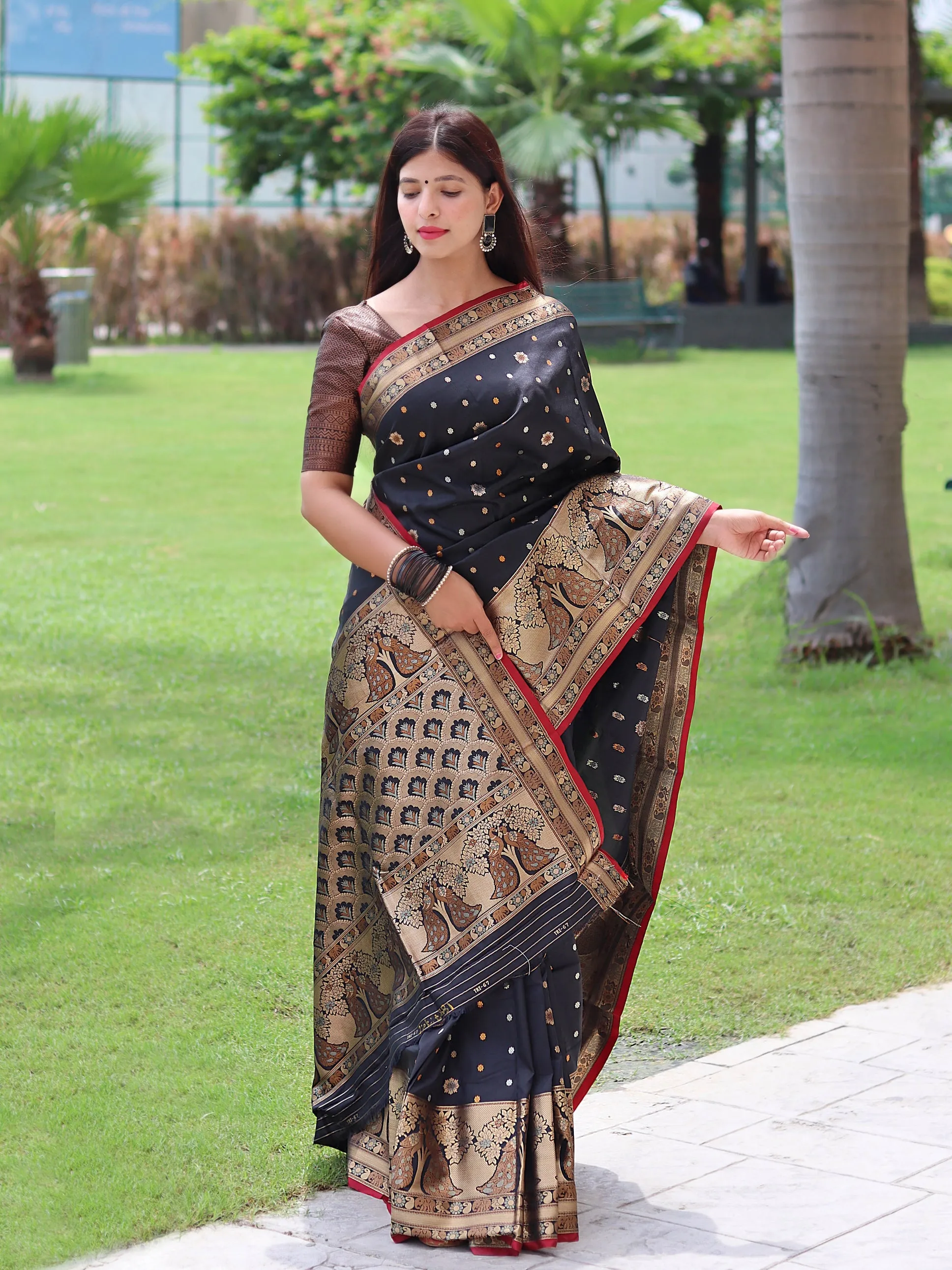 Black Saree in Soft Silk with Three Colored Zari