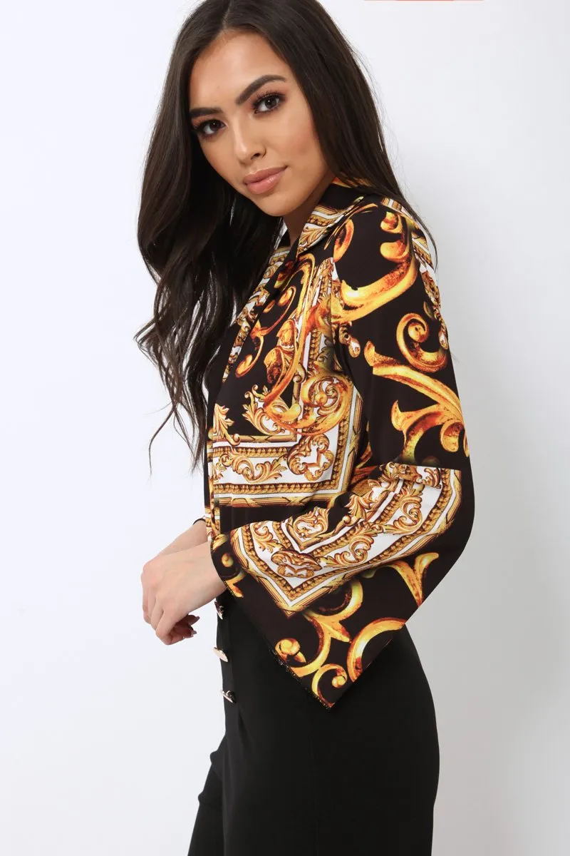 Black Scarf Print Plunge Bodysuit - Cindy-Lou