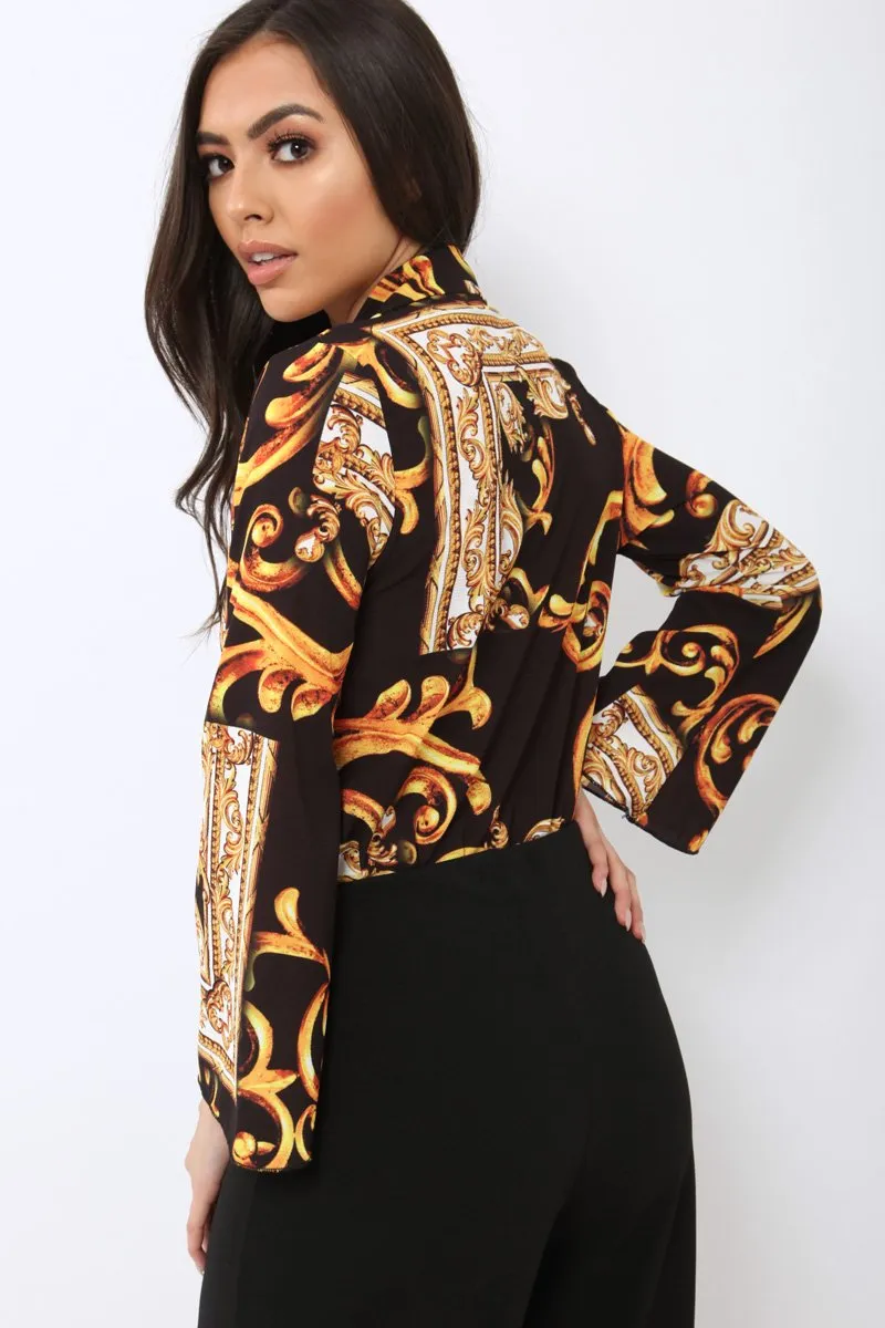 Black Scarf Print Plunge Bodysuit - Cindy-Lou