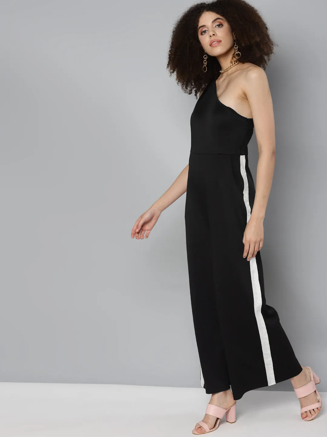 Black Scuba Tape Detail One Shoulder Jumpsuit