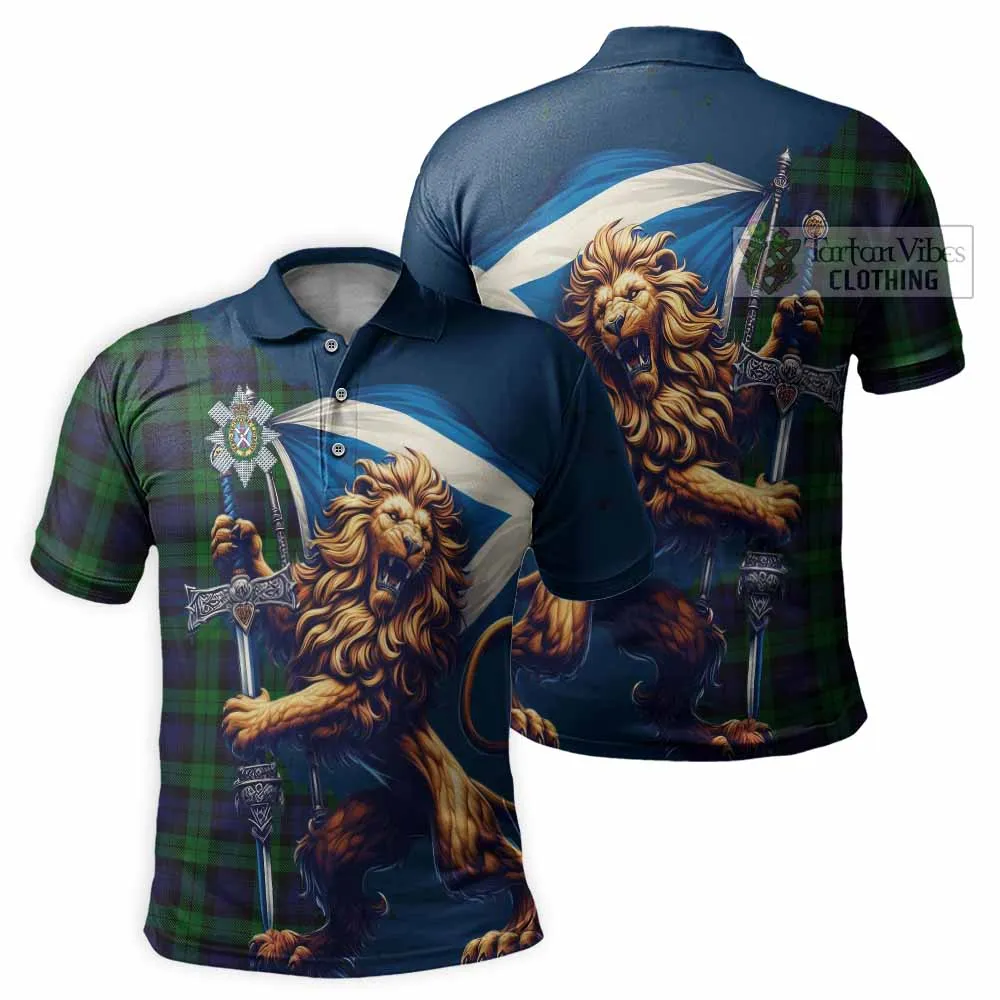 Black Watch Tartan Family Crest Men's Polo Shirt with Scottish Majestic Lion