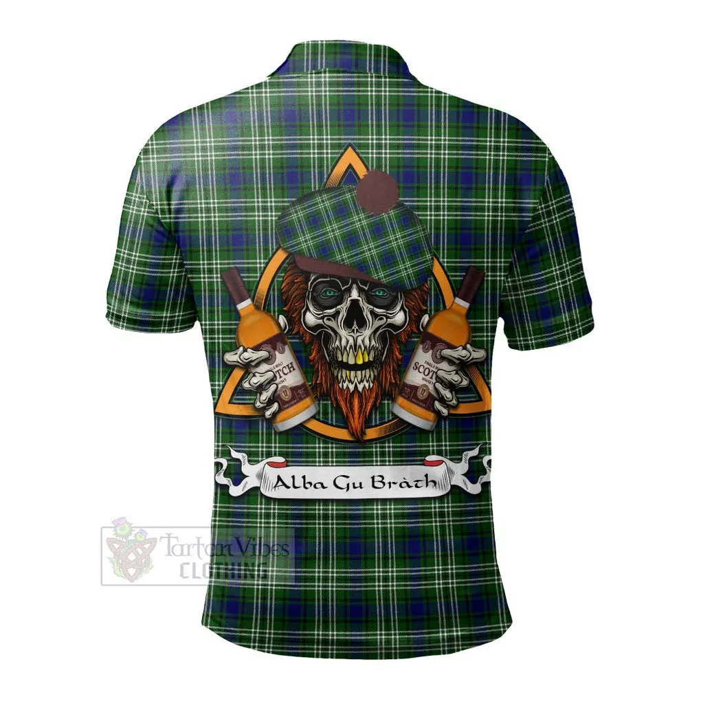 Blackadder Tartan Polo Shirt with Family Crest and Bearded Skull Holding Bottles of Whiskey