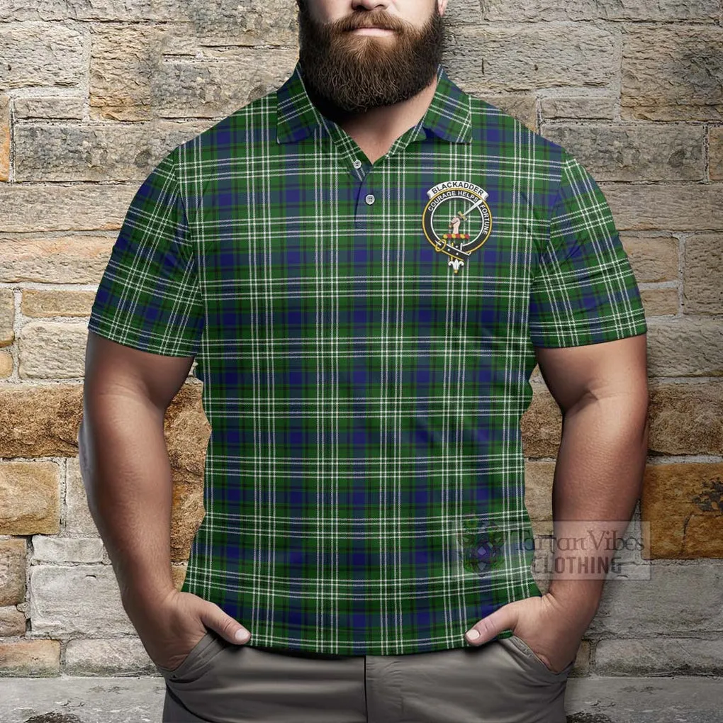 Blackadder Tartan Polo Shirt with Family Crest and Bearded Skull Holding Bottles of Whiskey