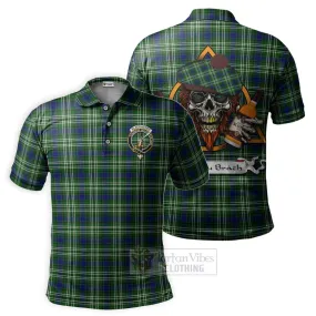 Blackadder Tartan Polo Shirt with Family Crest and Bearded Skull Holding Bottles of Whiskey