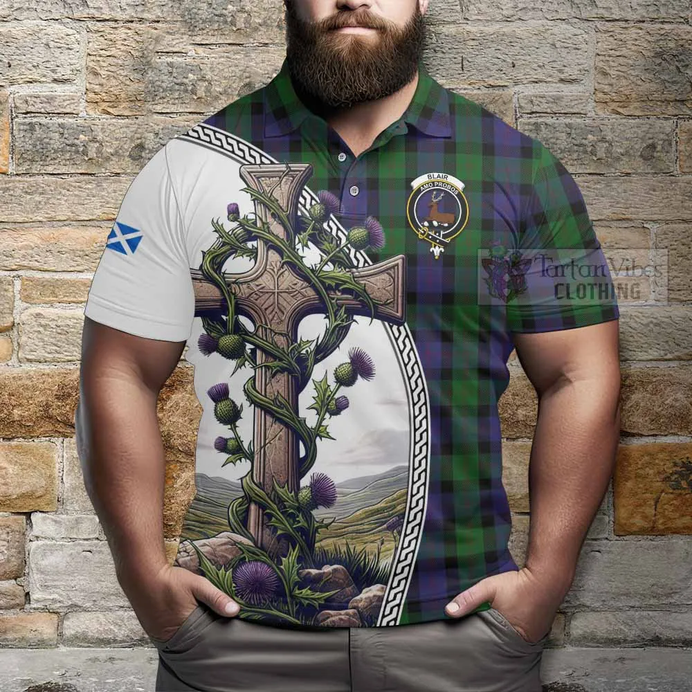 Blair Tartan Polo Shirt with Family Crest and St. Andrew's Cross Accented by Thistle Vines