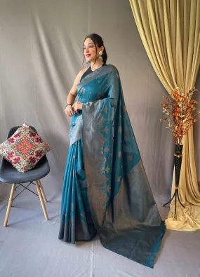 Blue Cyan Saree in Cotton Copper Floral